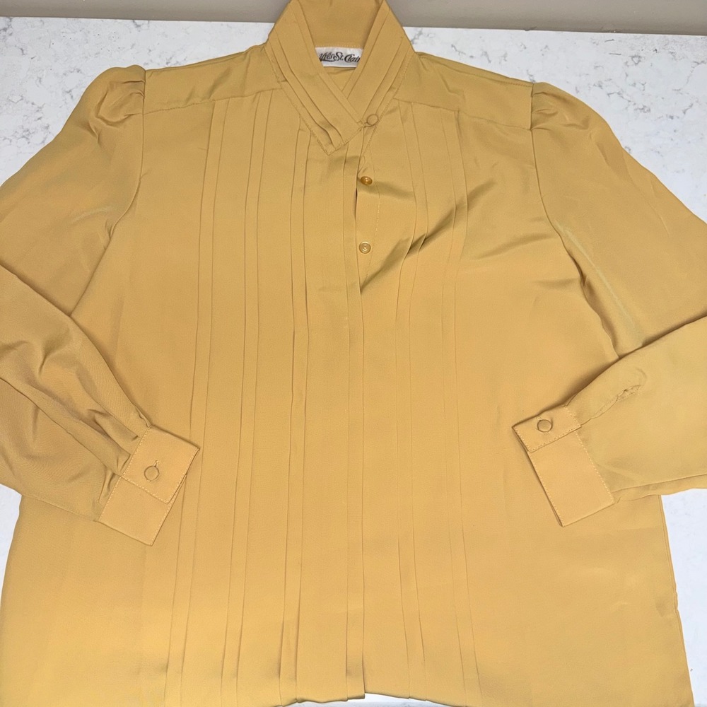 Yves St. Clair Vintage Mustard Yellow Pleated High Neck Blouse Size 12